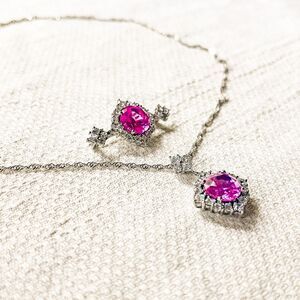 Sterling Silver Necklace & Brooch Set - CZ & Lab Created Pink Sapphire